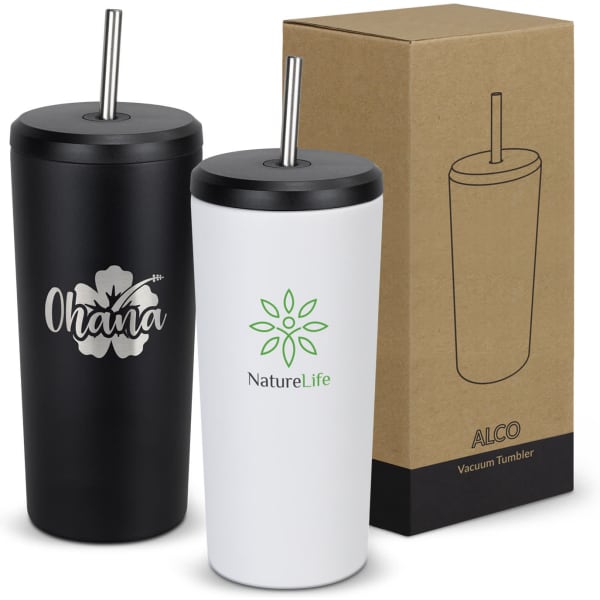 A drink bottle set featuring a black and a white vacuum tumbler, each with a straw and logos, packaged in a box.