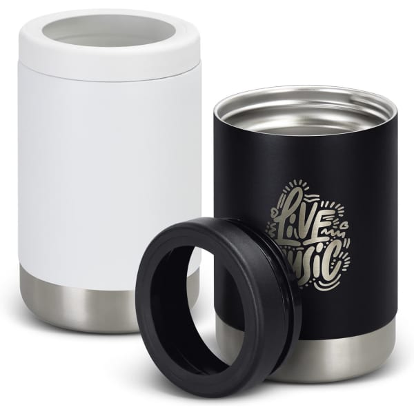 A drink bottle cooler in white and black, featuring a stainless steel base and a logo. Two separate components are visible.