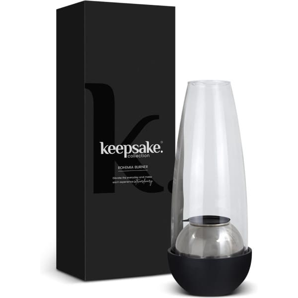 A glass and black Keepsake Bohemia Burner, presented with a sleek black box, showcasing its modern design.