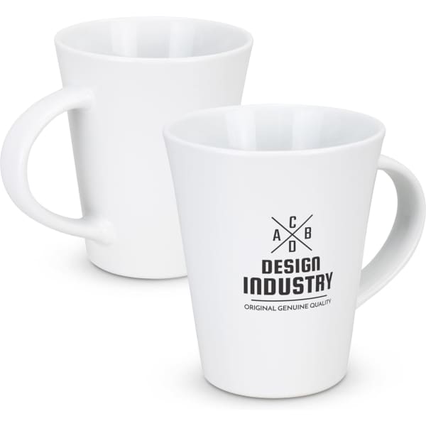 A white coffee mug with a tapered design and a logo printed on the side.