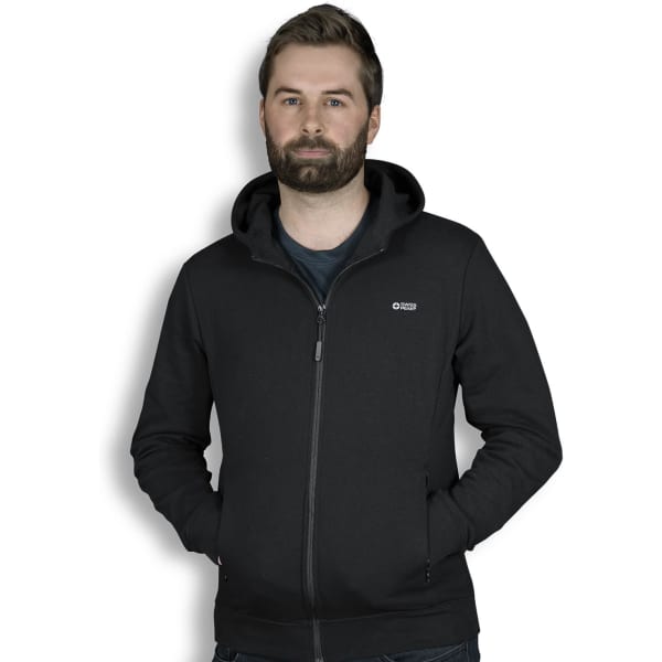A black zip-up hoodie worn by a man with a beard, featuring a hood and a small logo.
