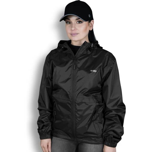 A black windbreaker jacket with a hood and front pockets, worn by a model. The jacket features a logo.