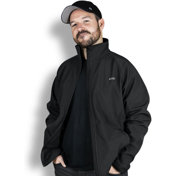 A man wearing a black Swiss Peak Urban Softshell Jacket with a branded logo, set against a plain background.
