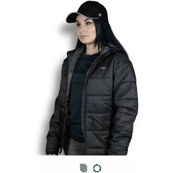 A woman wearing a black puffer jacket and a baseball cap, standing against a plain background. The jacket has a logo.