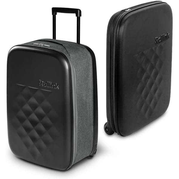 A small suitcase in green fabric with a black, quilted hard shell and a retractable handle. Brand logo visible.