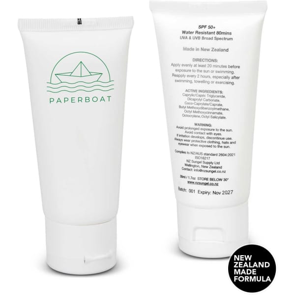 A white tube of SPF 50+ sun gel, 30ml, featuring a logo and details about its UV protection and water resistance.