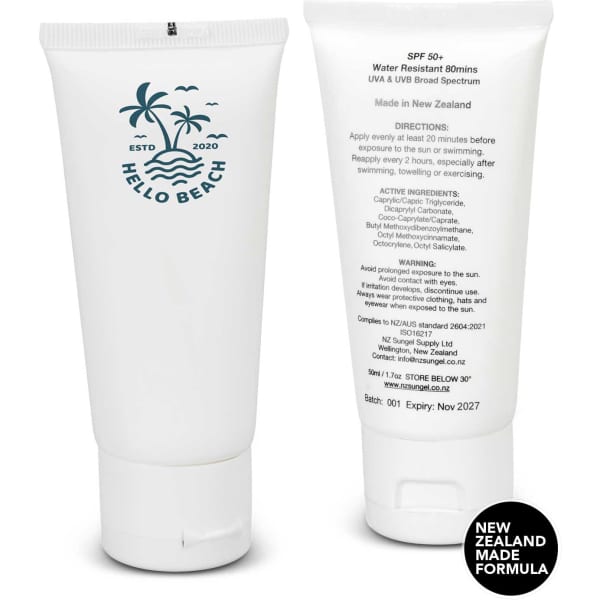 A white tube of SPF 50+ Sun Gel, featuring a logo and tropical design, made in New Zealand.
