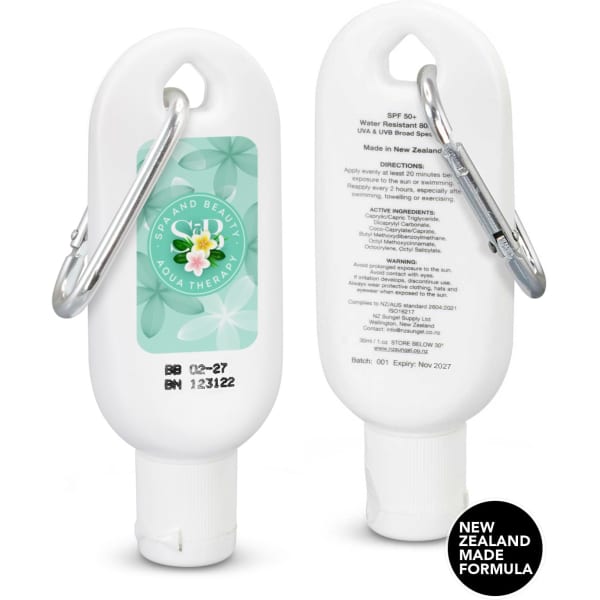 A white SPF 50+ sun gel tube with a carabiner, featuring a floral design and a branding logo.