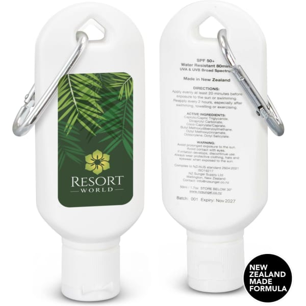 A 50ml tube of SPF 50+ sun gel in white with a carabiner, featuring a tropical design and a logo.