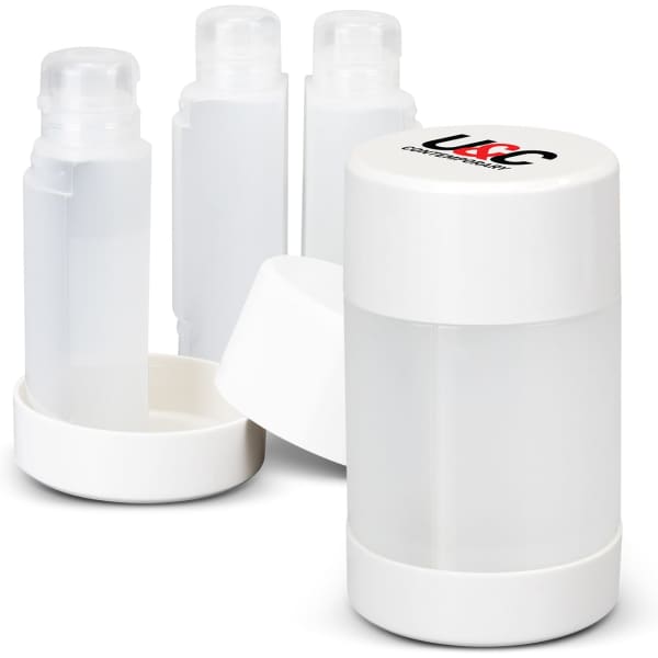 A travel bottle set featuring two transparent bottles and a container, all with white caps. Includes a branding logo.