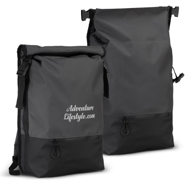Two grey Fjord Backpacks with a roll-top design and a black base, featuring a logo on the front.