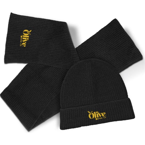 A black beanie and a matching scarf set featuring a logo, arranged attractively.