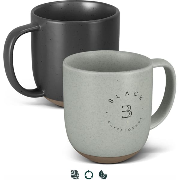 A set of ceramic mugs in black and light grey, featuring a logo and a contrasting brown base.