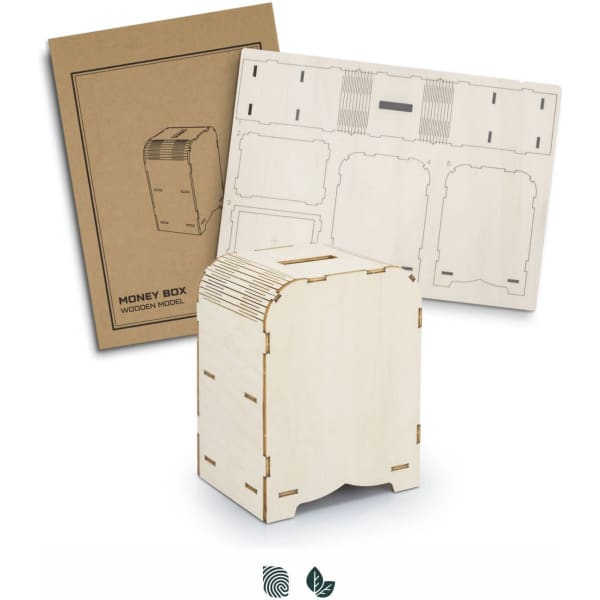 A wooden money box model in a natural finish, displayed with its packaging and assembly parts.