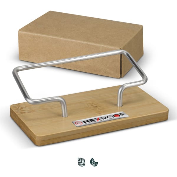 A bamboo business card stand with a metal frame, packaged in a simple brown box, featuring a logo.
