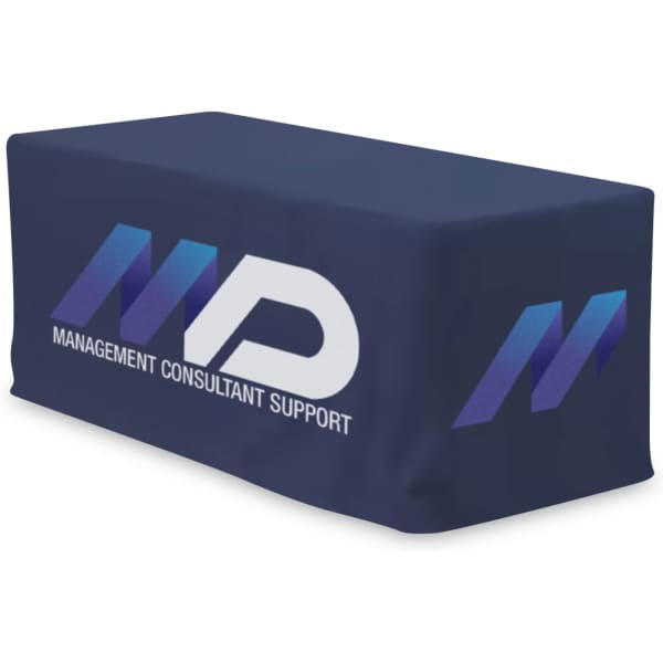 A fitted table cover in navy blue with a logo, designed for a 4-foot table.