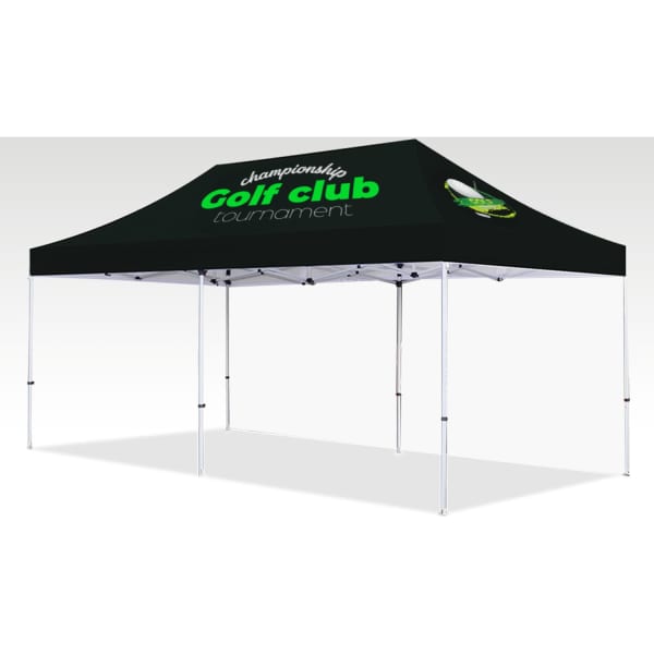 A black marquee tent with a green logo and text, featuring an open frame and adjustable height.