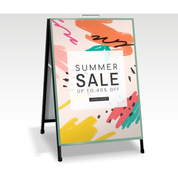 A double-sided metal A-frame sign featuring colourful abstract patterns and a branding logo.