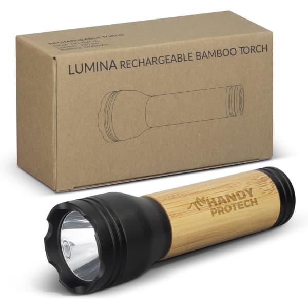 A bamboo torch with a black top, displayed against its packaging. The product includes a logo on the body.
