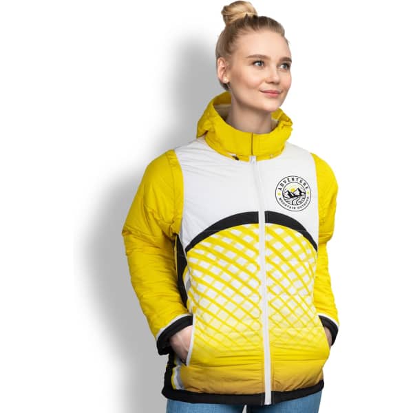 A puffer jacket in yellow and white, featuring a geometric design and a hood, with a branded logo on the chest.