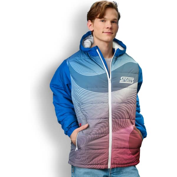 A man in a blue and gradient red custom puffer jacket with a hood, featuring a logo on the front.