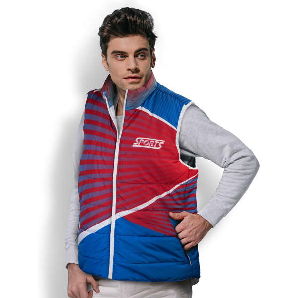 A puffer vest in red and blue, featuring a logo, worn by a model against a white background.