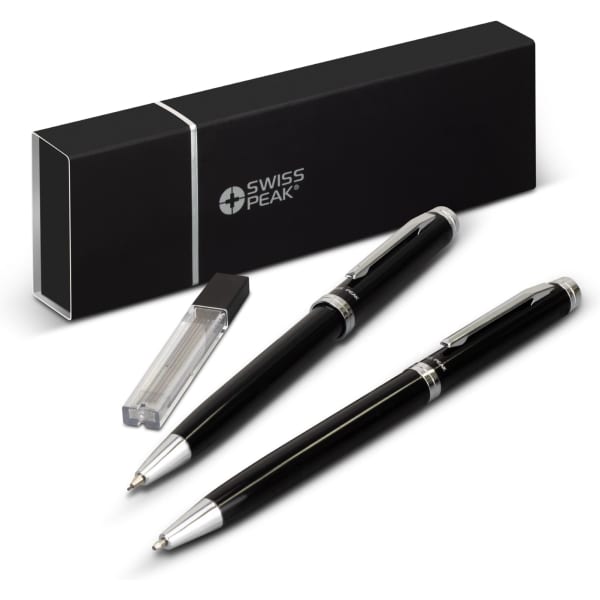 A black pen and pencil set with silver accents, presented in a sleek black box with a logo.