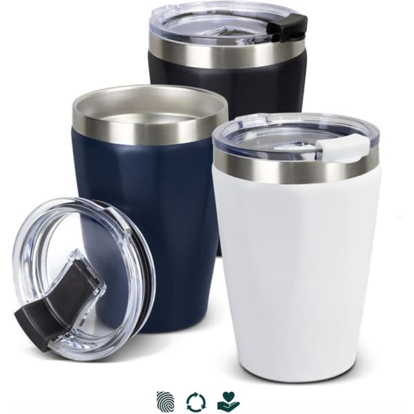 A drink bottle featuring a stainless steel lid, available in navy, black, and white. Includes a logo on the tumbler.