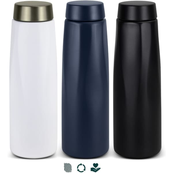 A drink bottle set featuring three sleek designs in white, navy blue, and black, with a logo on each.