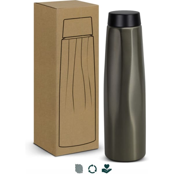 A drink bottle in olive green, with a black lid, next to a cardboard box featuring a design outline.