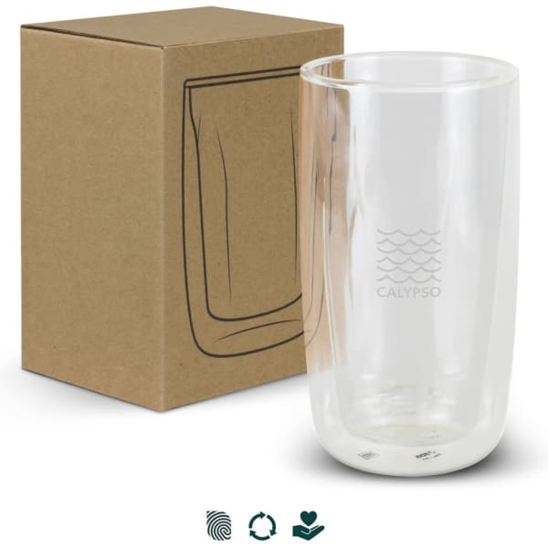 A double wall glass featuring a clear design, presented with a kraft box, showcasing its sleek and modern style.