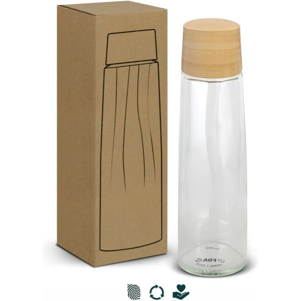A drink bottle with a clear glass body and a wooden lid, presented with a kraft cardboard box.