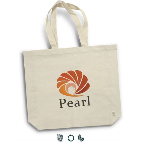 A cream tote bag featuring a logo and a design in orange and brown tones. It has two sturdy handles.