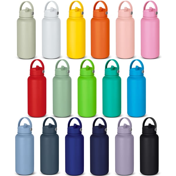 A drink bottle collection features a variety of colours including green, pink, orange, blue, and more, each with a handle and logo.