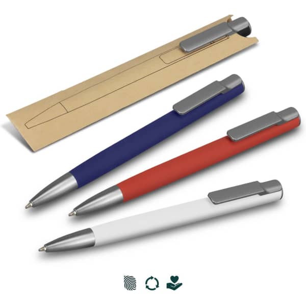 Three SPICE Slide Pens displayed in red, blue, and white, with a sleek metallic clip and a branded packaging.