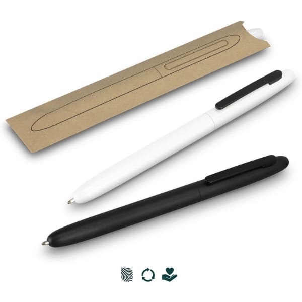 A retro pen set featuring a black pen and a white pen, displayed with a brown paper sleeve and a logo.