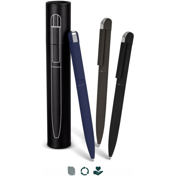 A set of three metal pens in navy, black, and dark grey, packaged in a sleek black cylindrical case.