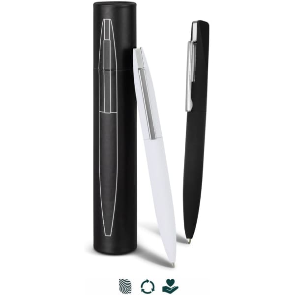 A sleek black and white metal pen set displayed in a cylindrical case, featuring a logo on the case.