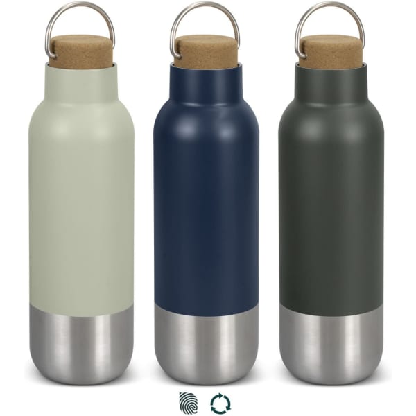 A drink bottle trio in muted green, navy blue, and dark green, each with a stainless steel bottom and cork lid.