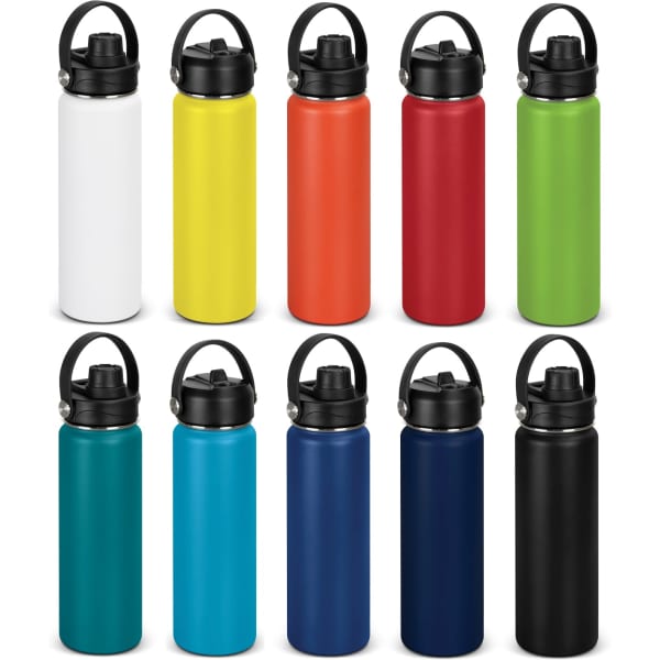 A drink bottle collection featuring various colours: white, yellow, orange, red, blue, teal, navy, and black. Each has a black lid and handle.