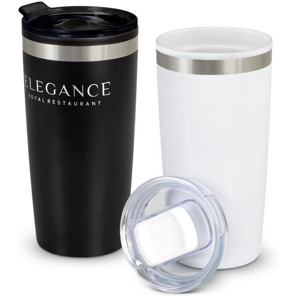A double wall cup set in black and white, featuring a stainless steel rim and a clear lid. Both cups have a logo.