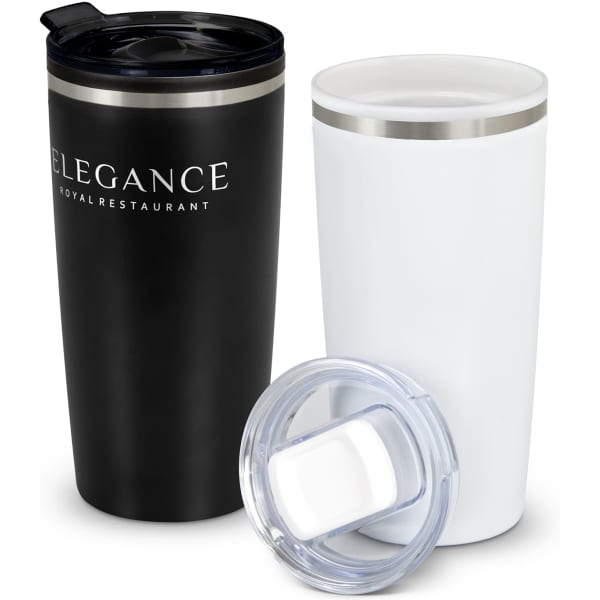 A travel mug set featuring a matte black and a glossy white double wall cup, each with a lid and one has a logo.