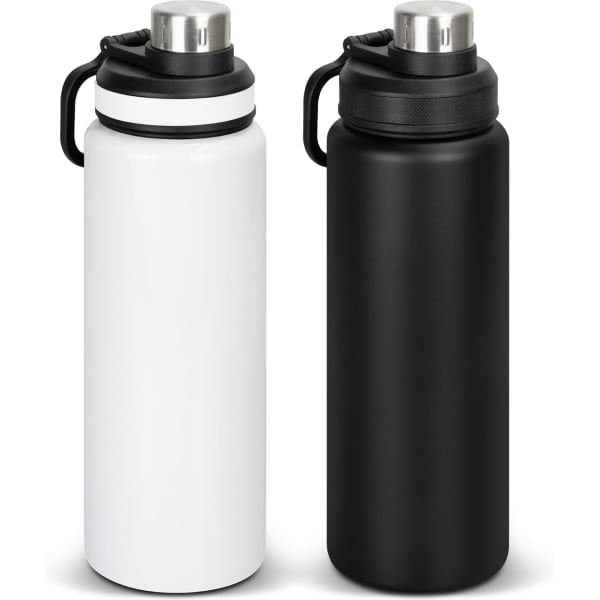 A drink bottle set featuring one white and one black bottle, each with a stainless steel cap and a handle.
