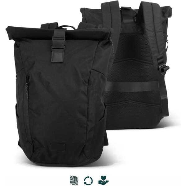 A black roll-up computer backpack features a sleek design with adjustable straps and various pockets for storage.