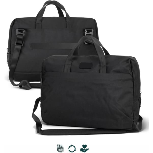 A black computer bag with dual handles and a removable shoulder strap, featuring a branding logo.