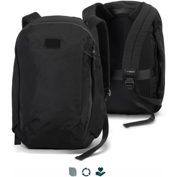 A black computer backpack with adjustable straps and a sleek design, featuring a logo and multiple compartments.