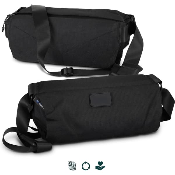 A black sling bag with an adjustable strap and a logo, featuring a sleek, modern design.