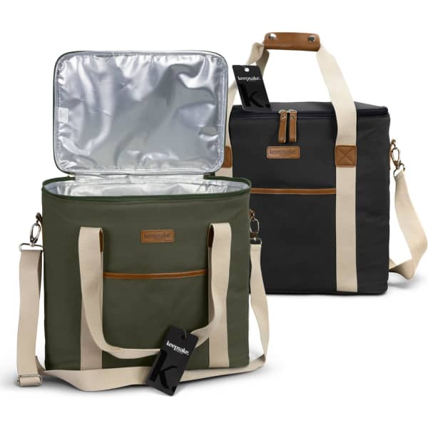 A green and black cooler bag with a silver insulated interior and adjustable straps, featuring a logo on one side.
