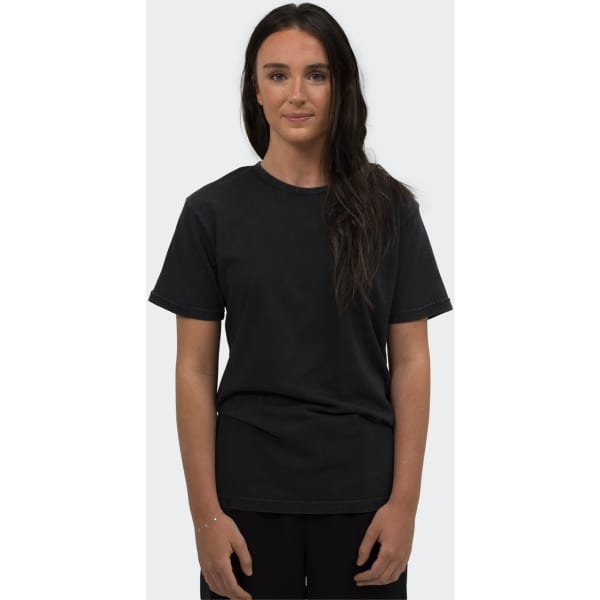 A unisex faded black T-shirt with a casual fit and short sleeves, displayed on a model.