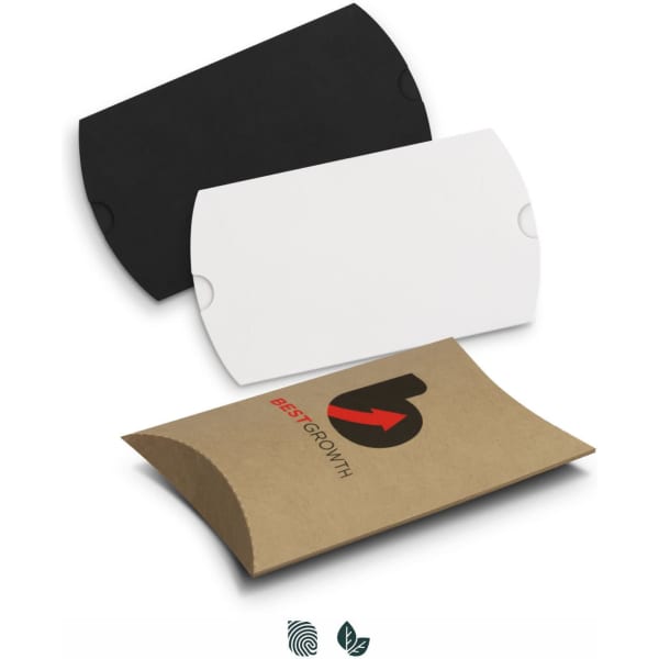 A small pillow box set in black, white, and brown, featuring a logo on one box.